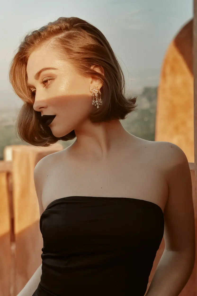 fall 2025 hairstyle for short cuts Classic Side-Parted Bob with Black Lip Drama
