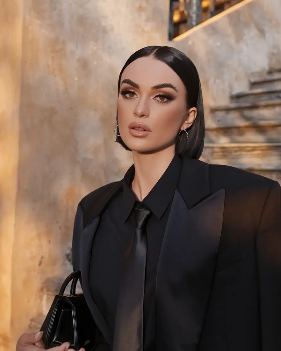 fall 2025 hairstyle for short cuts Glossy Jet Black Bob with Modern Edge