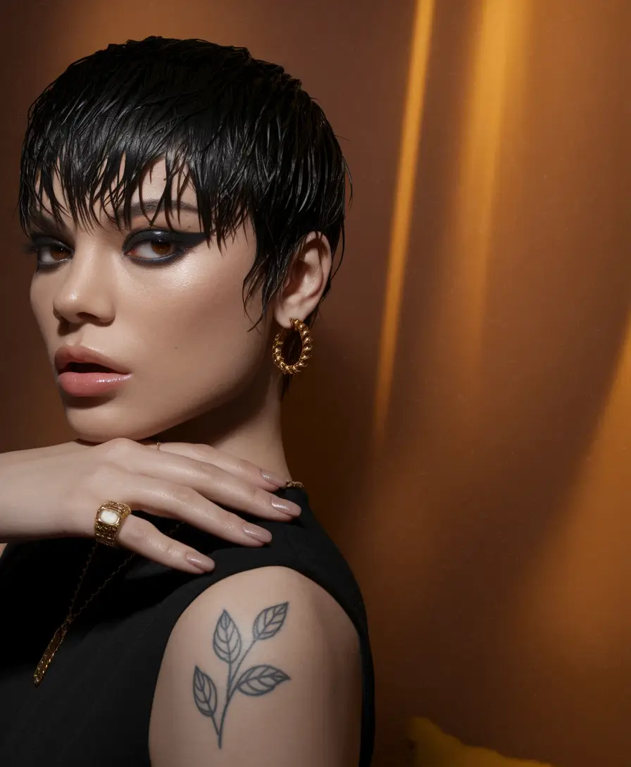 fall 2025 hairstyle for short cuts Wet-Effect Pixie for Bold Nights