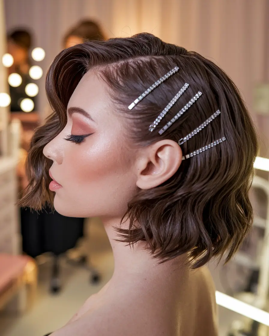 fall 2025 hairstyle for short cuts Side-Swept Waves with Sparkling Clips