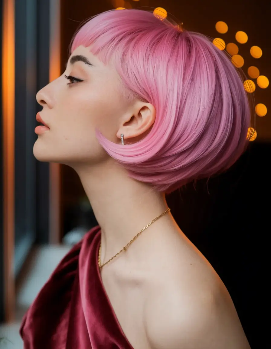 fall 2025 hairstyle for short cuts Playful Pink Bob with Tucked Volume