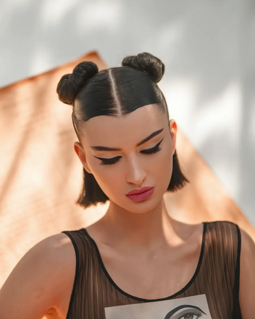 fall 2025 hairstyle for short cuts Chic Double Buns with Clean Ends