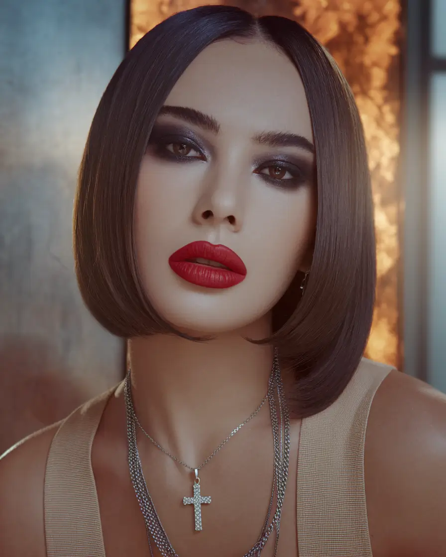 fall 2025 hairstyle for short cuts Glossy Center-Part Bob with Retro Mood