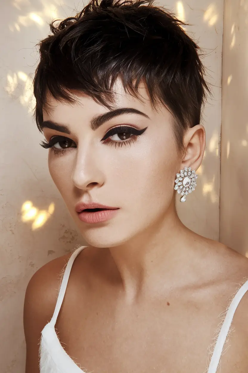 fall 2025 hairstyle for short cuts Textured Pixie with Statement Liner