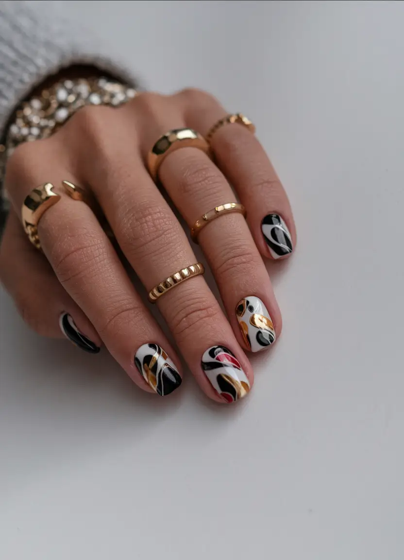 Fall Acrylic Nails 2025 Ideas for Short and Long Nails Bold Swirls and Gold Accents for Artistic Fall Drama