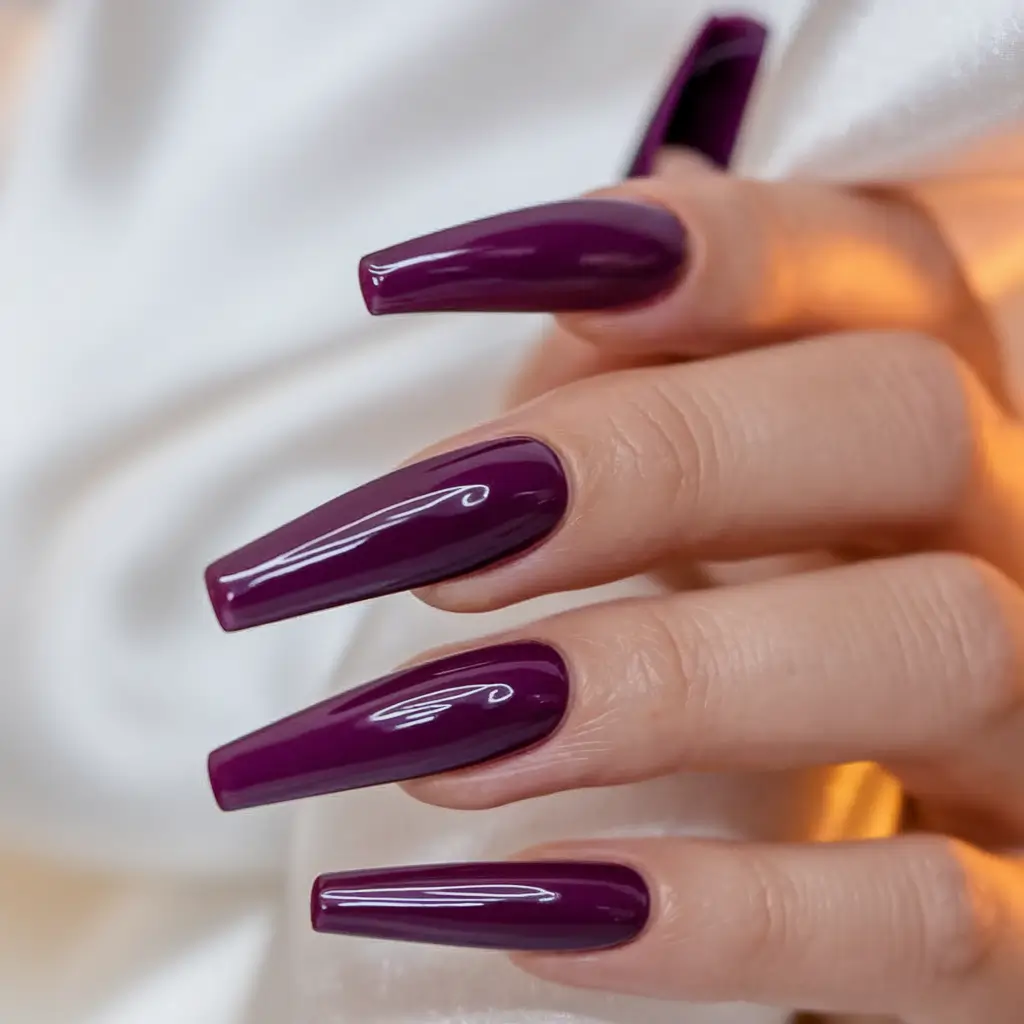 Fall Acrylic Nails 2025 Ideas for Short and Long Nails Purple Power in Long Coffin Perfection