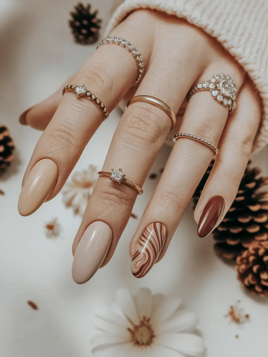 Fall Acrylic Nails 2025 Ideas for Short and Long Nails Marbled Neutrals with a Cappuccino Twist