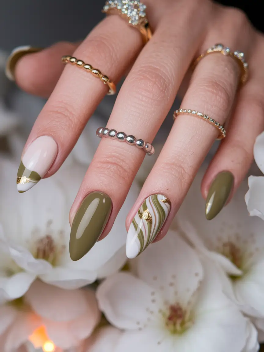 Fall Acrylic Nails 2025 Ideas for Short and Long Nails Olive and White Wave with Luxe Gold Foil