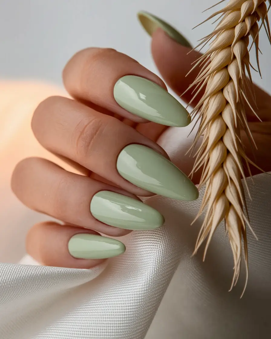 Fall Acrylic Nails 2025 Ideas for Short and Long Nails Sage Green Serenity in Almond Elegance