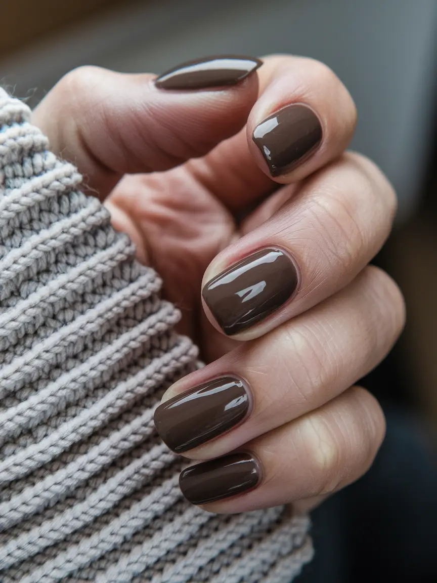 Fall Acrylic Nails 2025 Ideas for Short and Long Nails Glossy Chocolate Shorties for Neutral Lovers