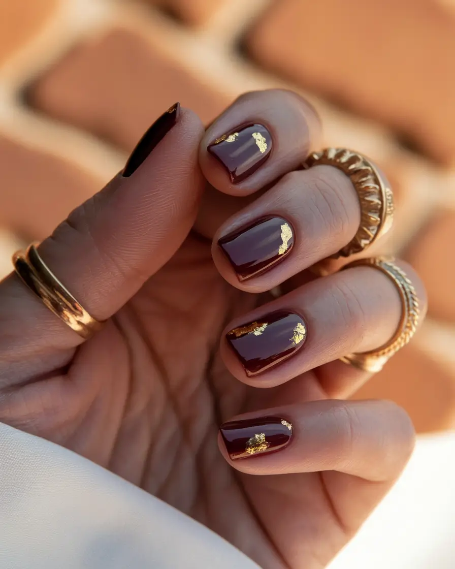 Fall Acrylic Nails 2025 Ideas for Short and Long Nails Short Burgundy and Gold Foil Chic