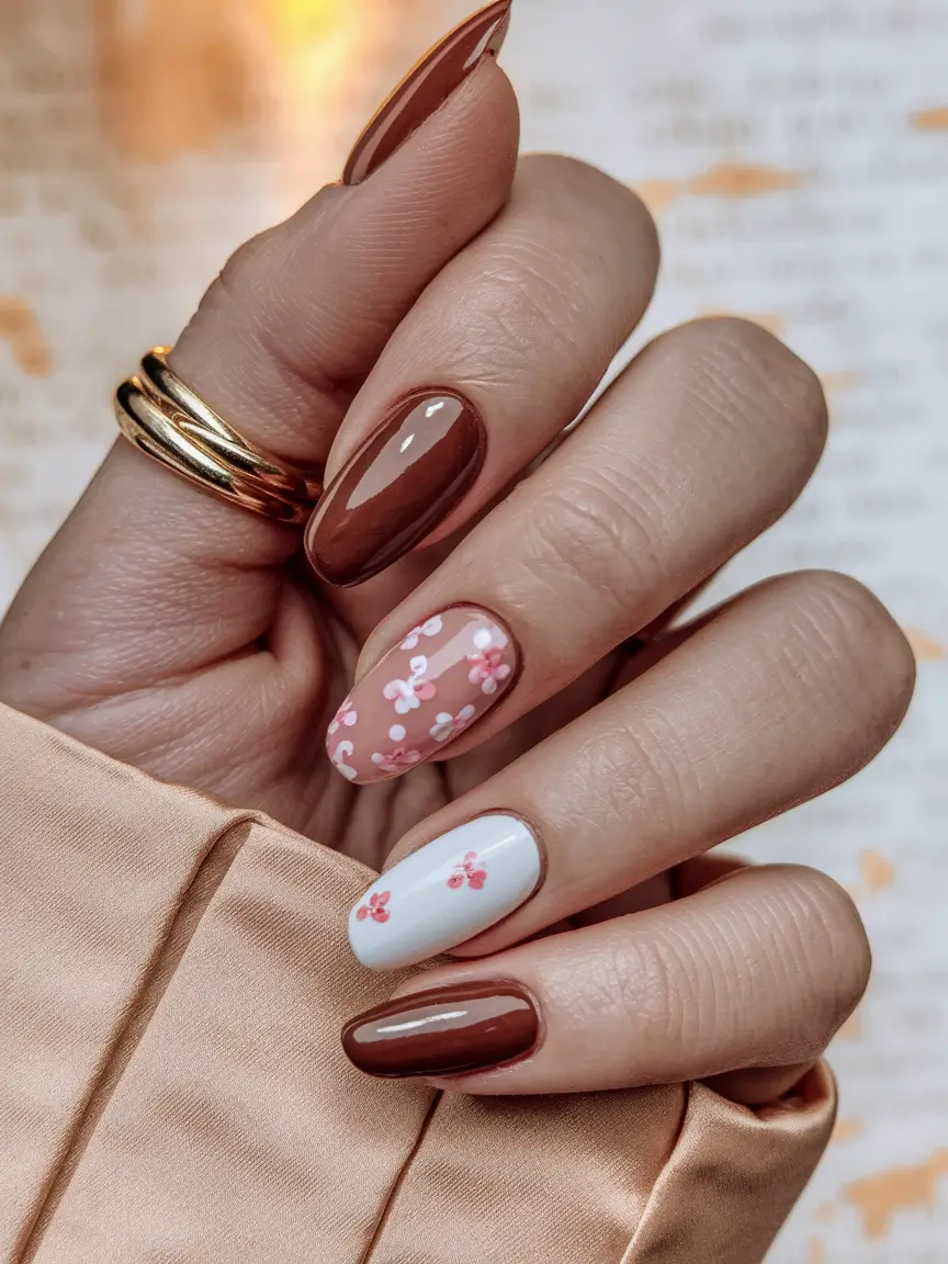 Fall Acrylic Nails 2025 Ideas for Short and Long Nails Fall Floral Brown Mix with Almond Tips