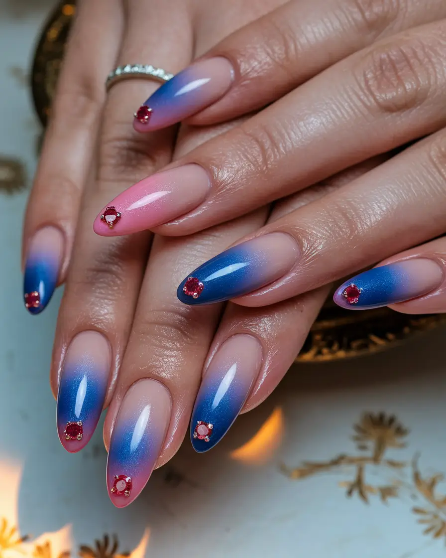 Fall Acrylic Nails 2025 Ideas for Short and Long Nails Blue Ombré Glam with Ruby Studs