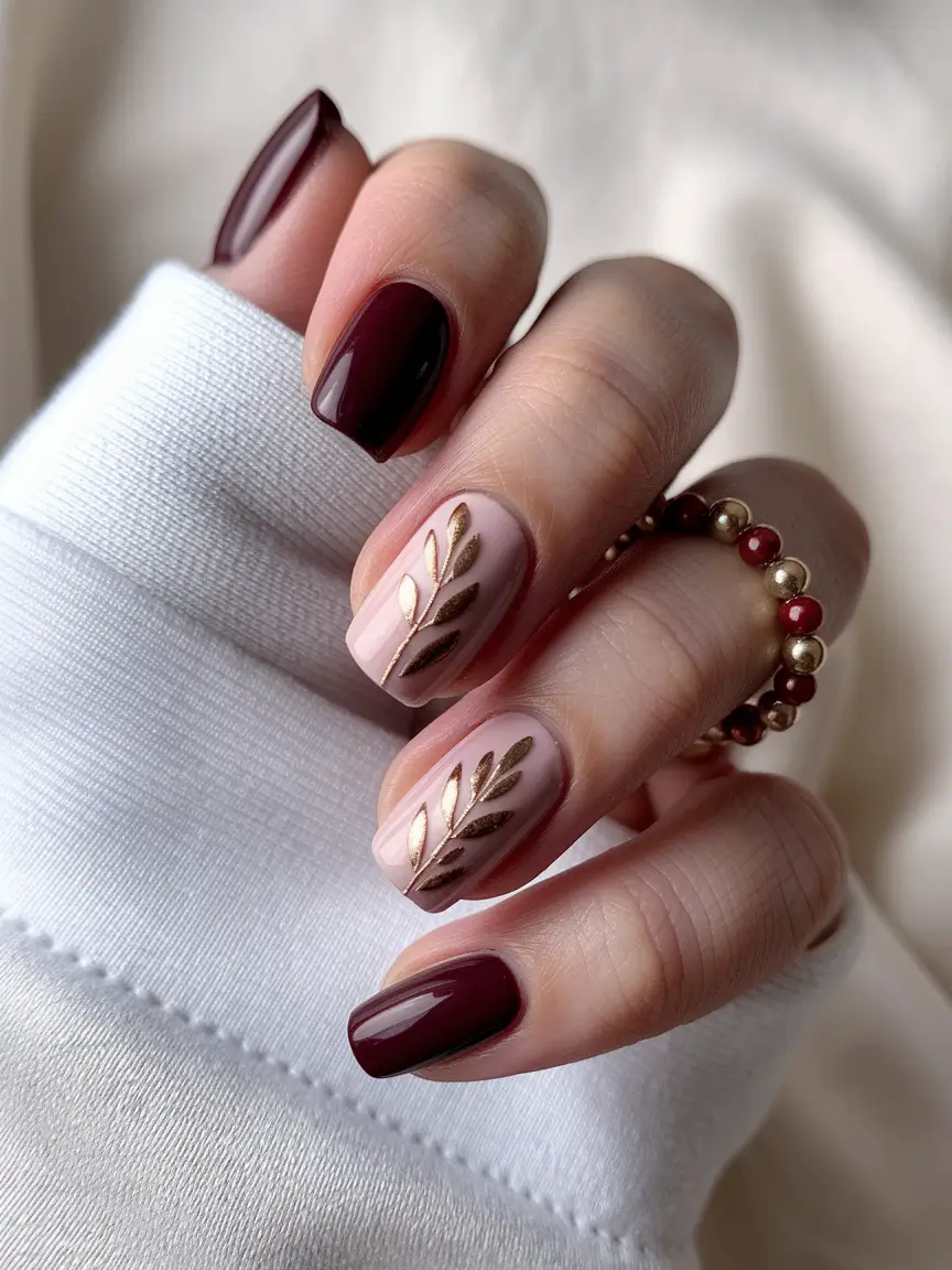 Fall Acrylic Nails 2025 Ideas for Short and Long Nails Wine Red Meets Nude with Foiled Botanical Detail