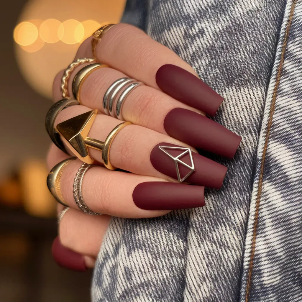 Fall Acrylic Nails 2025 Ideas for Short and Long Nails Deep Matte Burgundy with a Minimalist Edge