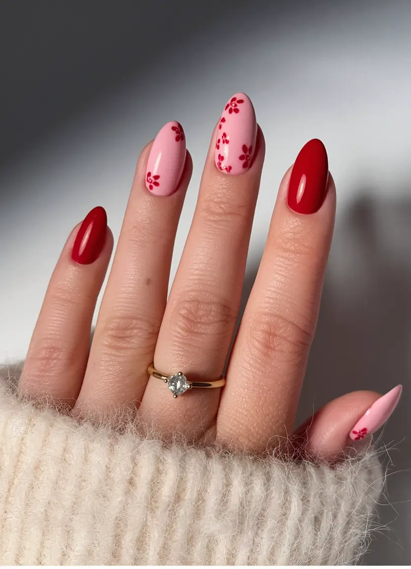 Fall Acrylic Nails 2025 Ideas for Short and Long Nails Cherry-Pink Florals for a Soft Fall Mood