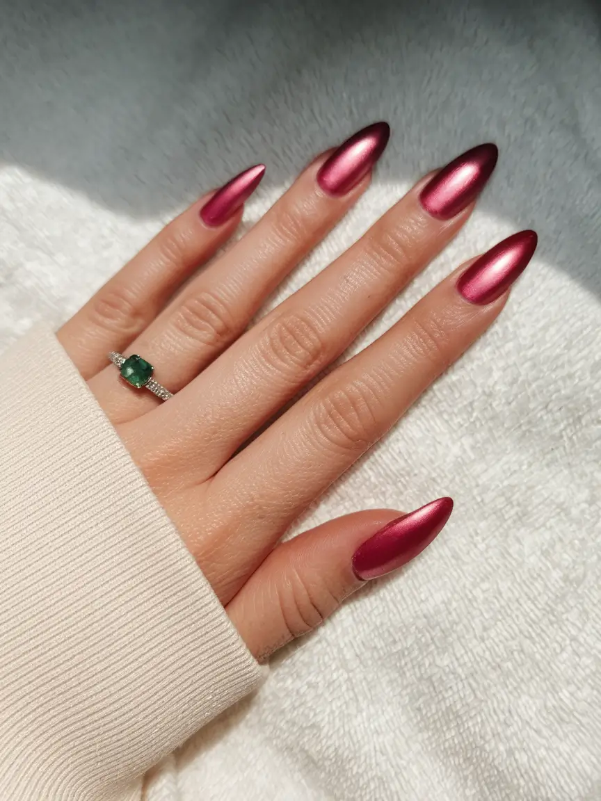 Fall Acrylic Nails 2025 Ideas for Short and Long Nails Berry Chrome Shine with Futuristic Vibes