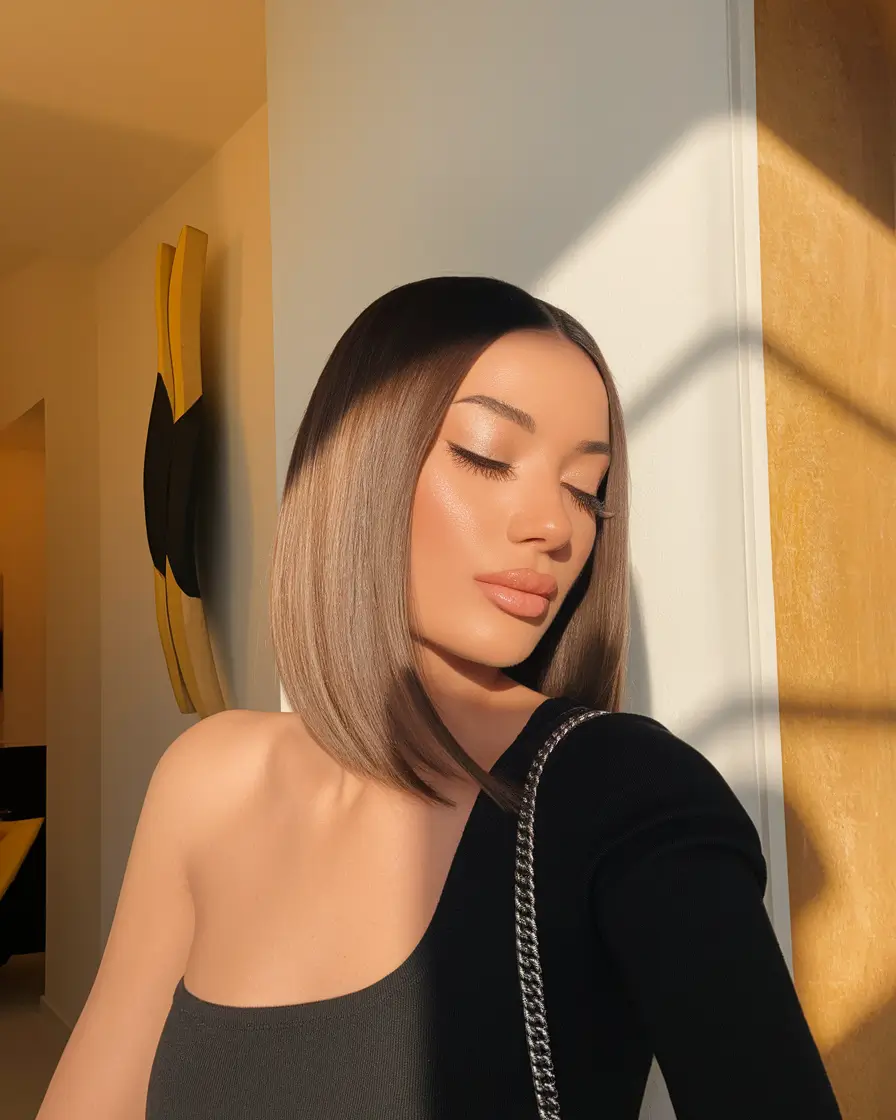 fall bob hairstyle ideas 2025 Sleek Ombre Bob with Luxe Finish