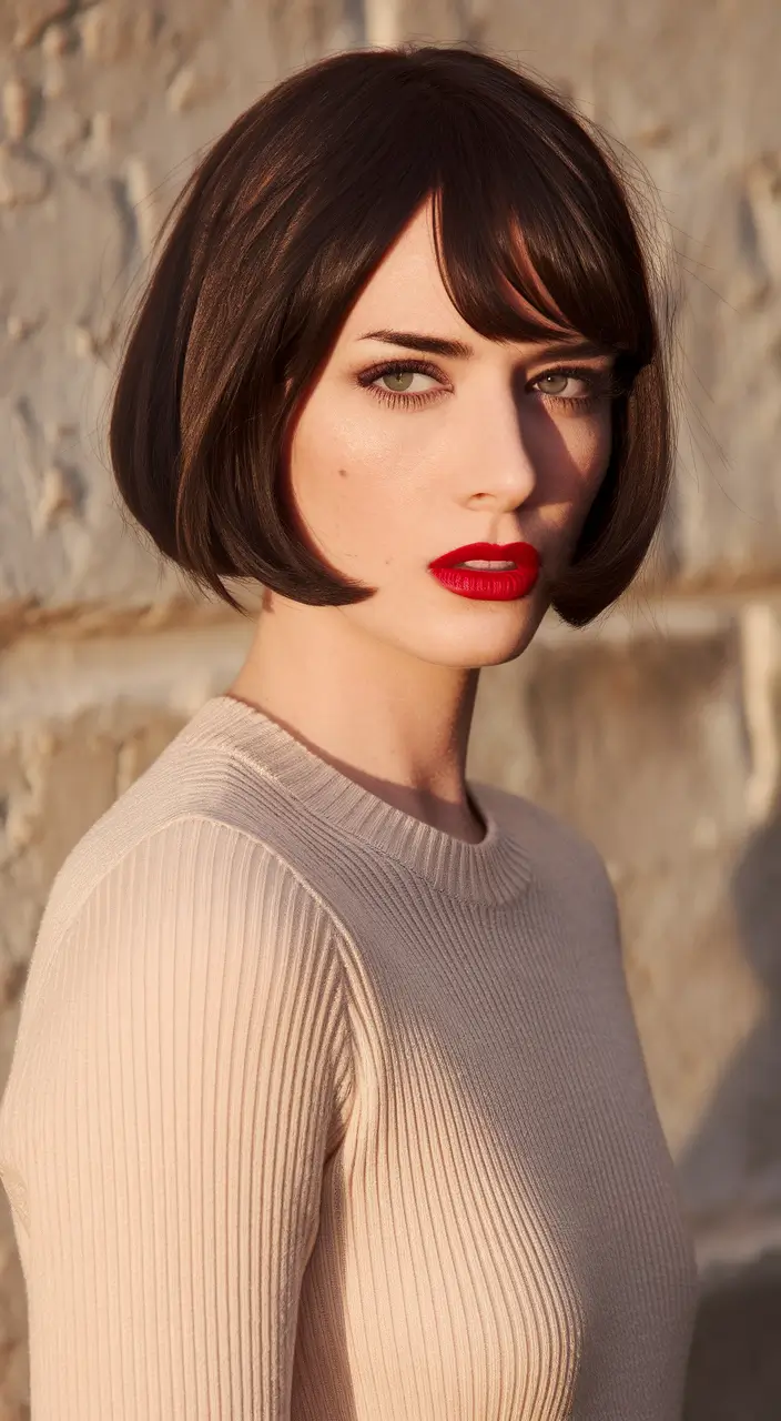 fall bob hairstyle ideas 2025 Retro Parisian Bob with a Modern Bang