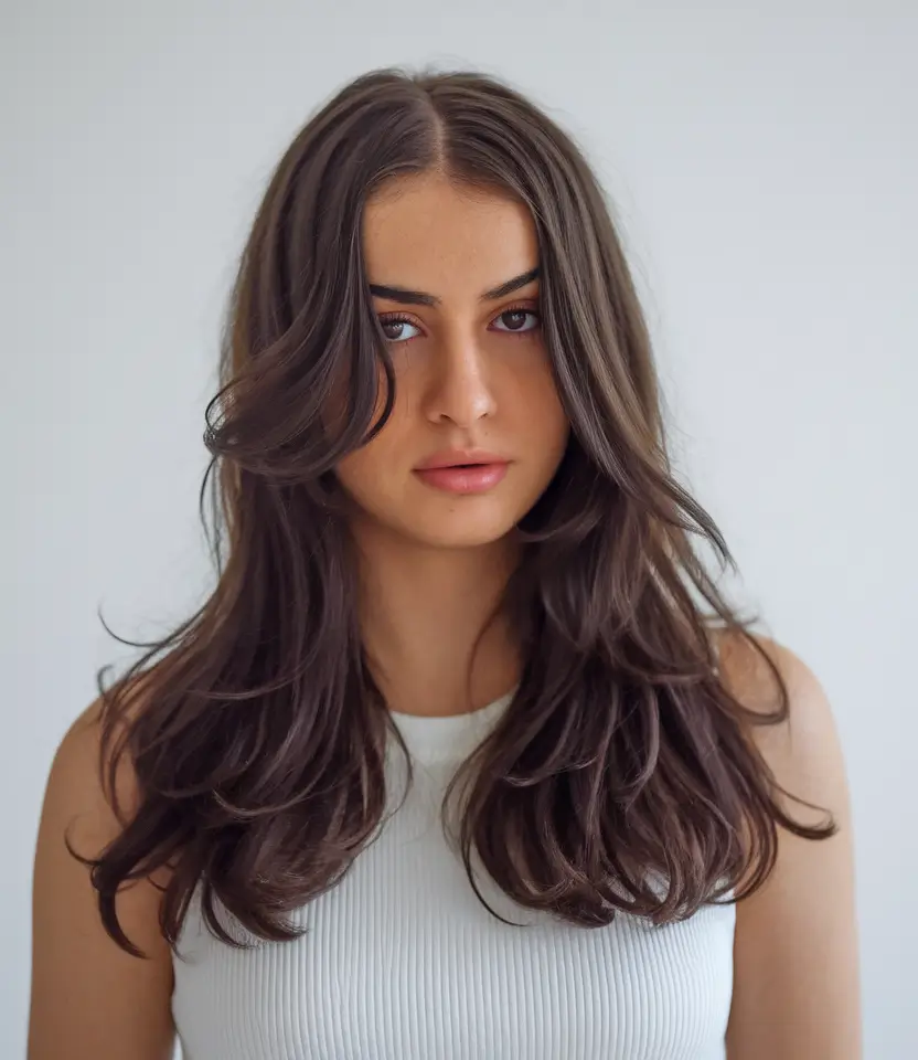 Fall hairstyle for Medium Hair 2025 - Voluminous Mid-Length Layers with Soft Curtain Bangs