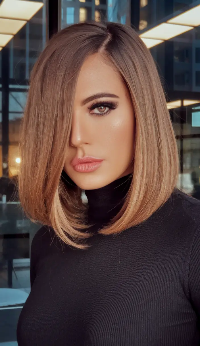 Fall hairstyle for Medium Hair 2025 - Sleek Angled Lob with Smoky Blonde Melt