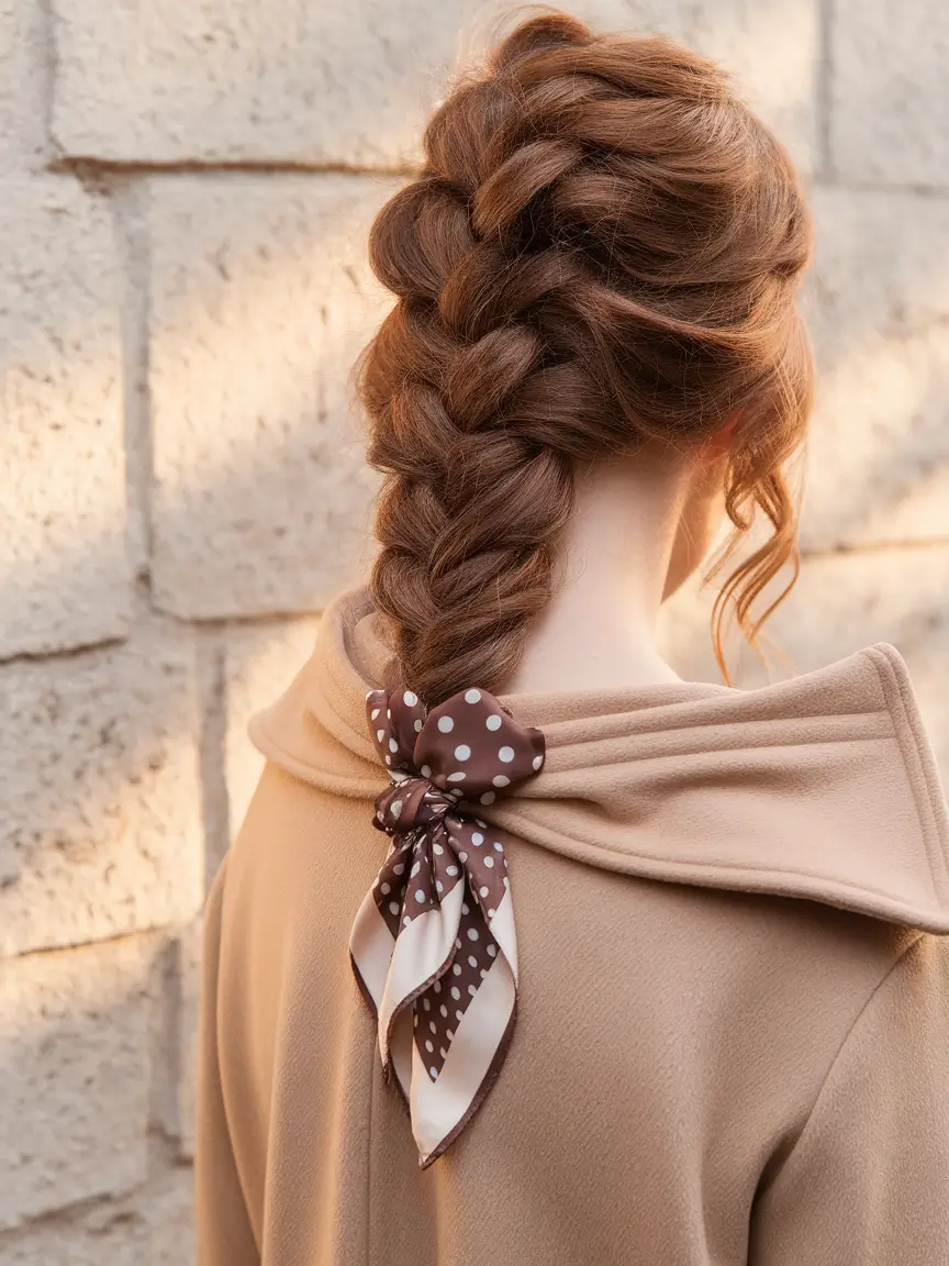Fall hairstyle for Medium Hair 2025 - Romantic Braided Ponytail with a Silk Bow Accent