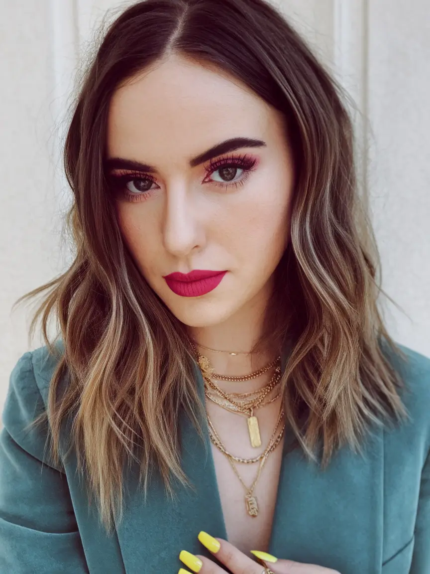 Fall hairstyle for Medium Hair 2025 - Textured Shoulder Waves with Lived-In Ombre