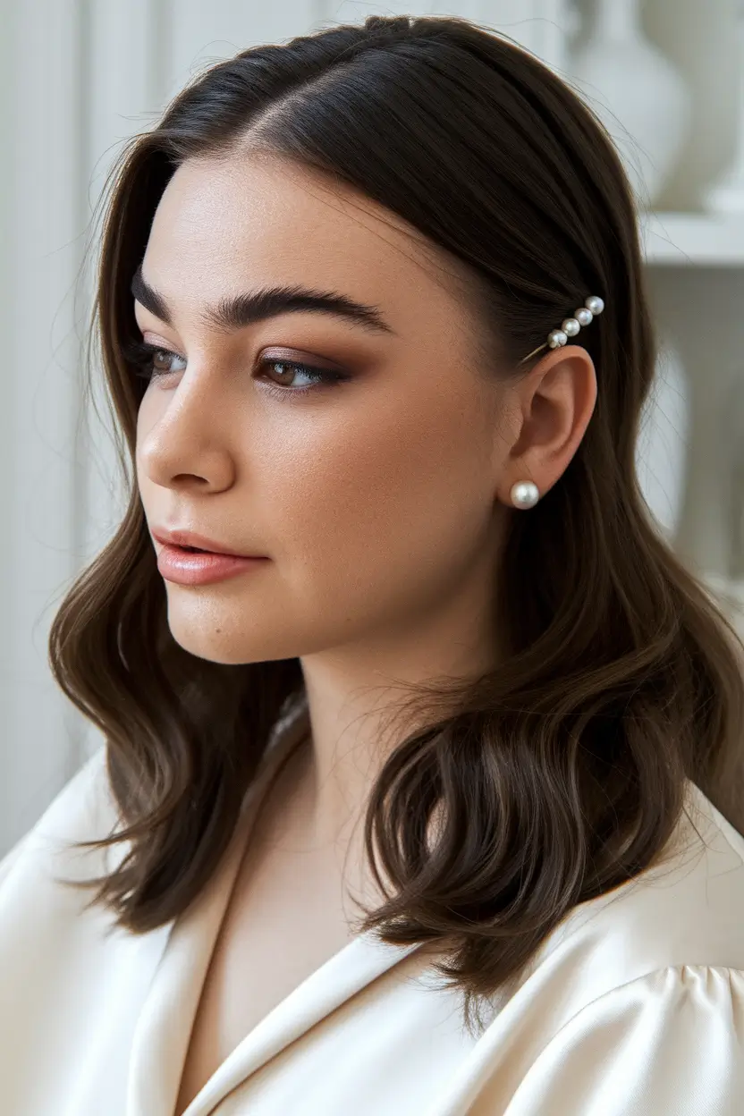Fall hairstyle for Medium Hair 2025 - Classic Glossy Waves with Pearl Clip Accent