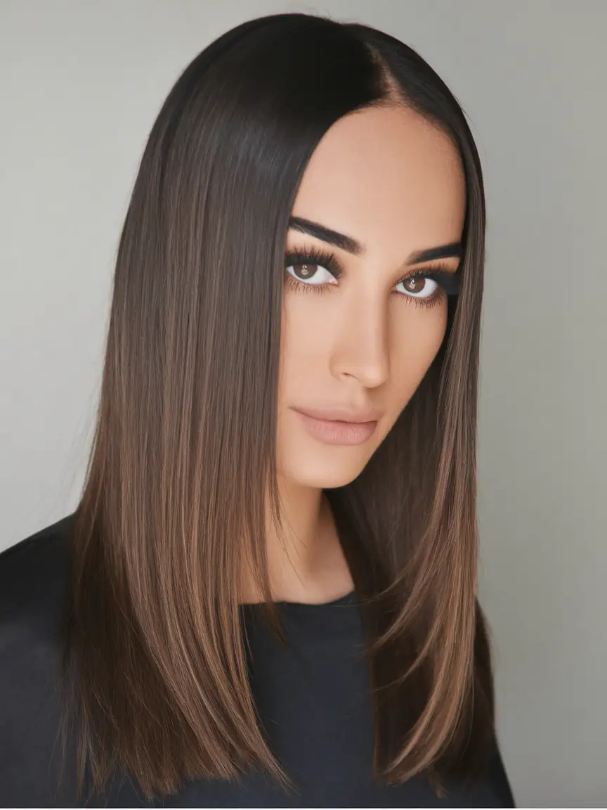 Fall hairstyle for Medium Hair 2025 - Pin-Straight Chocolate Lob: Sleek and Intentional