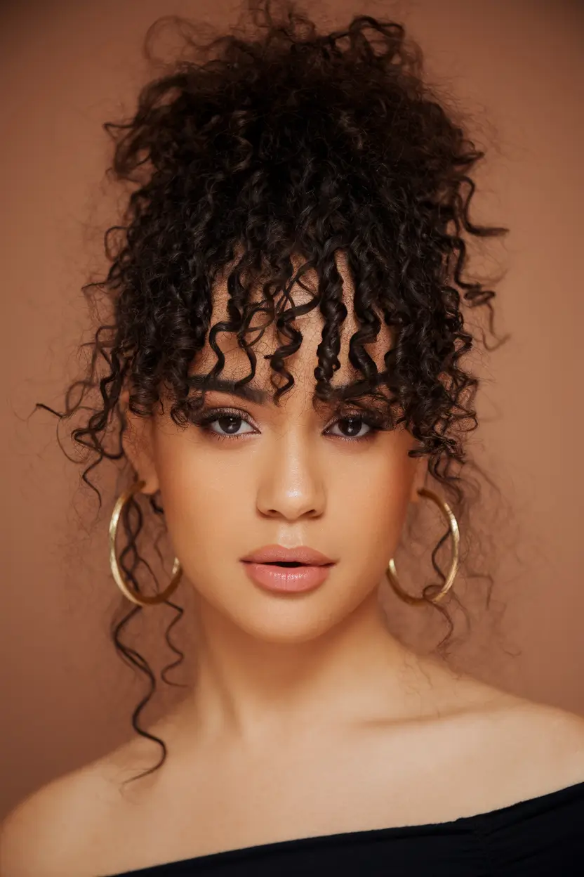 Fall hairstyle for Medium Hair 2025 - Curly High Bun with Soft Fringe: Wild and Delicate