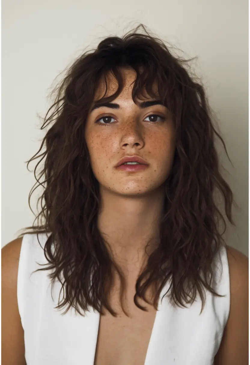 Fall hairstyle for Medium Hair 2025 - French-Girl Shag with Air-Dried Curls and Wispy Bangs