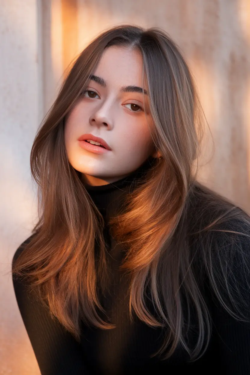 Fall hairstyles for round faces ideas 2025+Face-Framing Long Layers with Shine