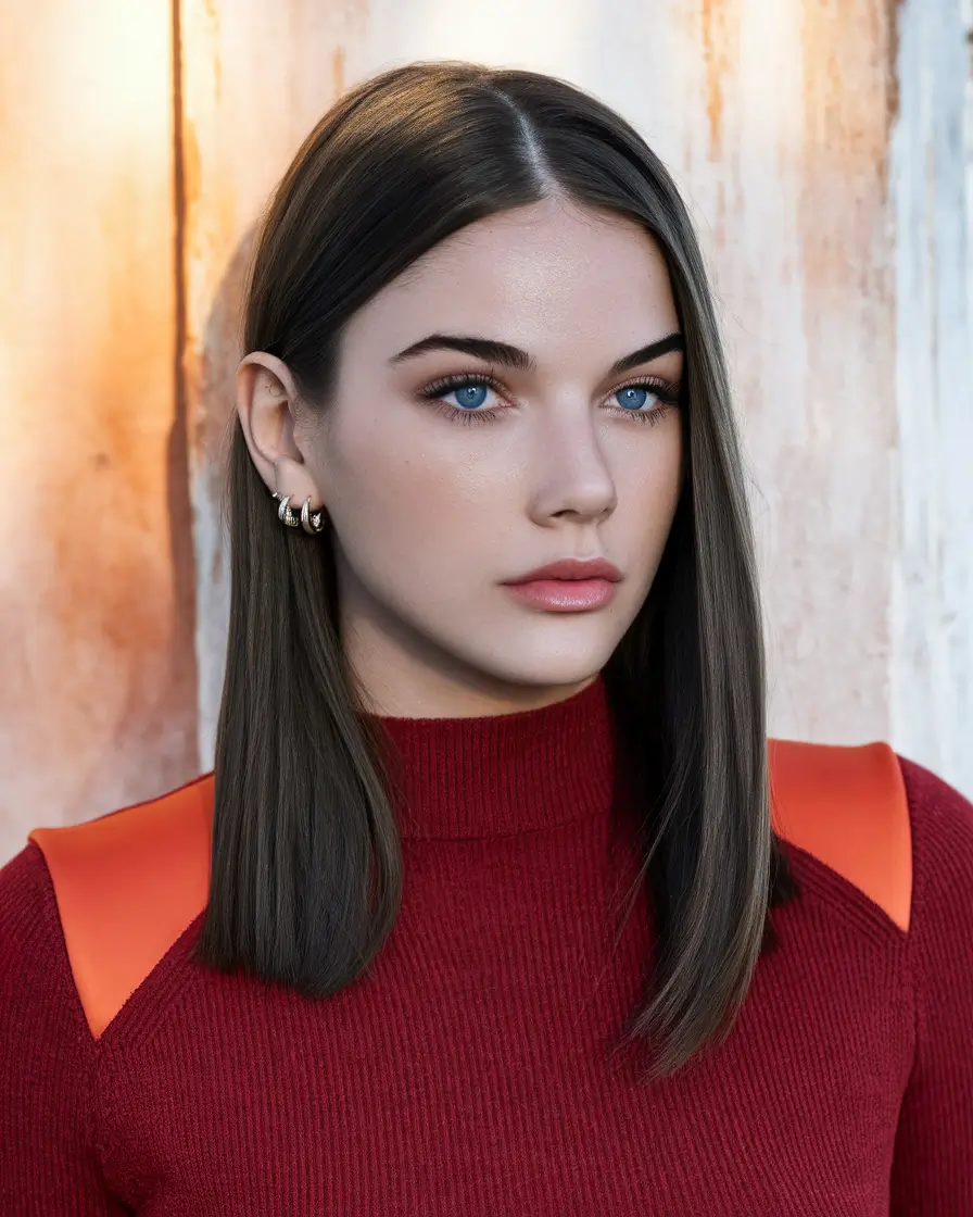 Fall hairstyles for round faces ideas 2025+Sleek Shoulder-Length Cut with Defined Center Part