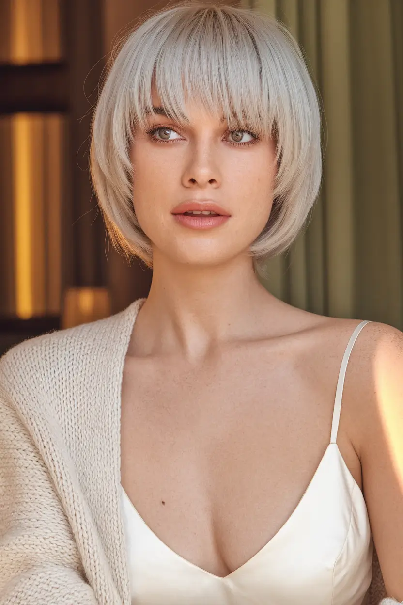 Fall hairstyles for round faces ideas 2025+Silver Blonde Bowl Cut with Baby Bangs