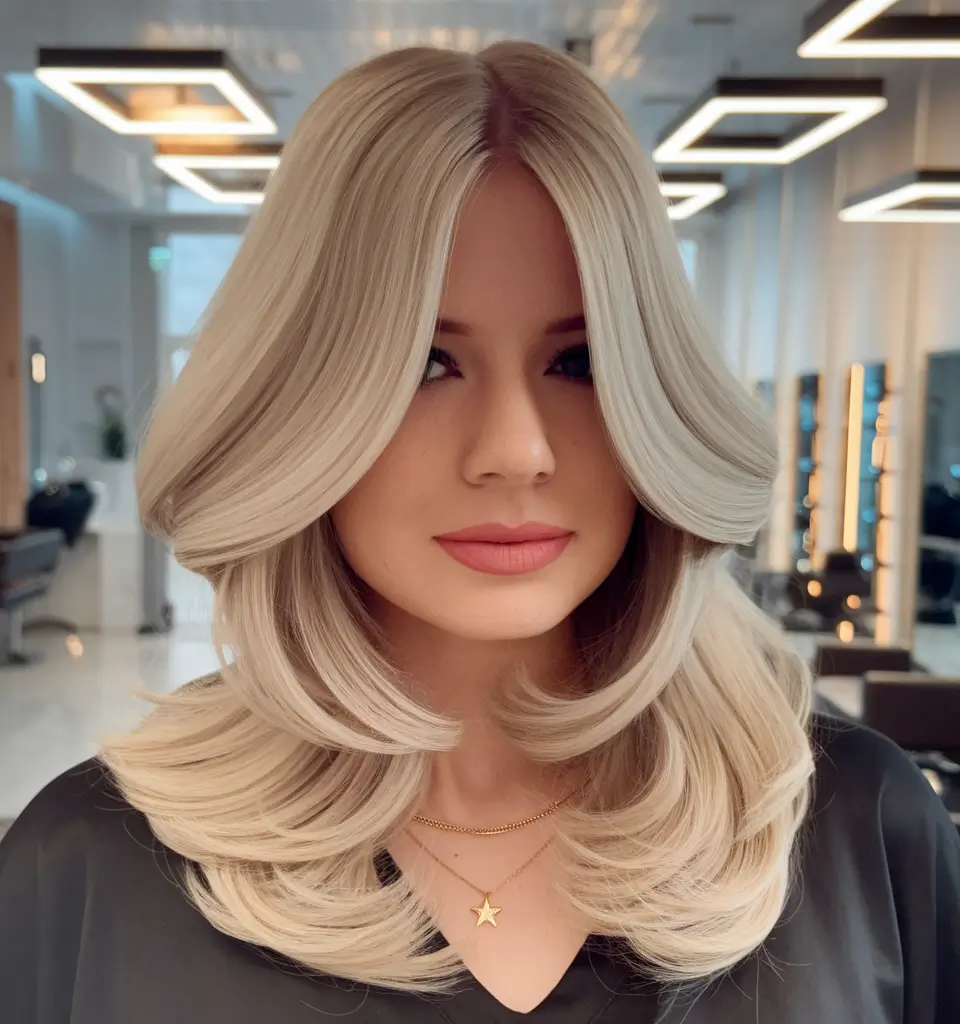 Fall hairstyles for round faces ideas 2025+Flipped-Out Layers with Curtain Bangs