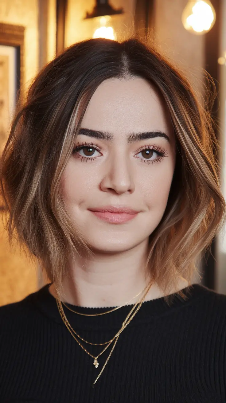 Fall hairstyles for round faces ideas 2025+Soft Waves with Root Shadow and Subtle Highlights