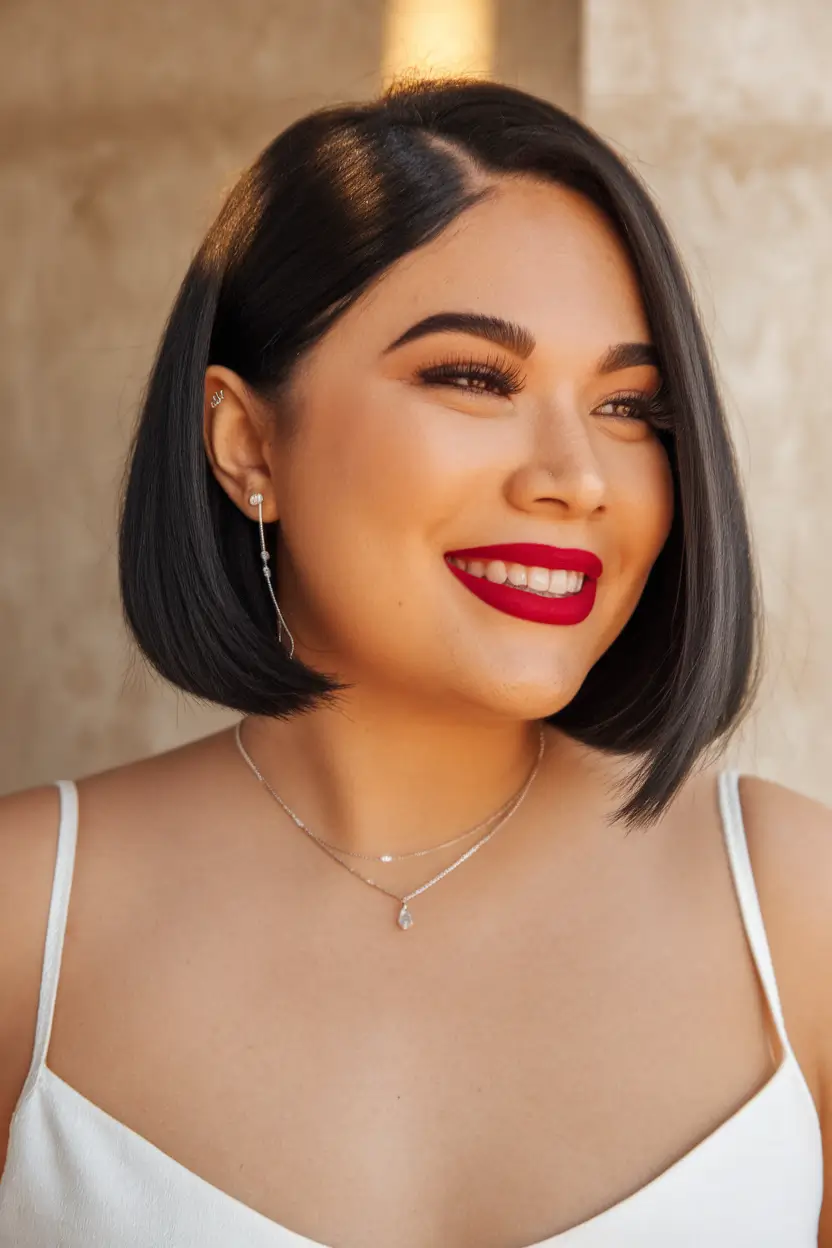 Fall hairstyles for round faces ideas 2025+Chic Chin-Length Bob with Defined Edges
