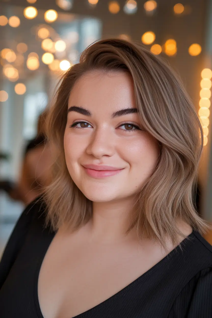 Fall hairstyles for round faces ideas 2025+Soft Tousled Lob with Root Lift