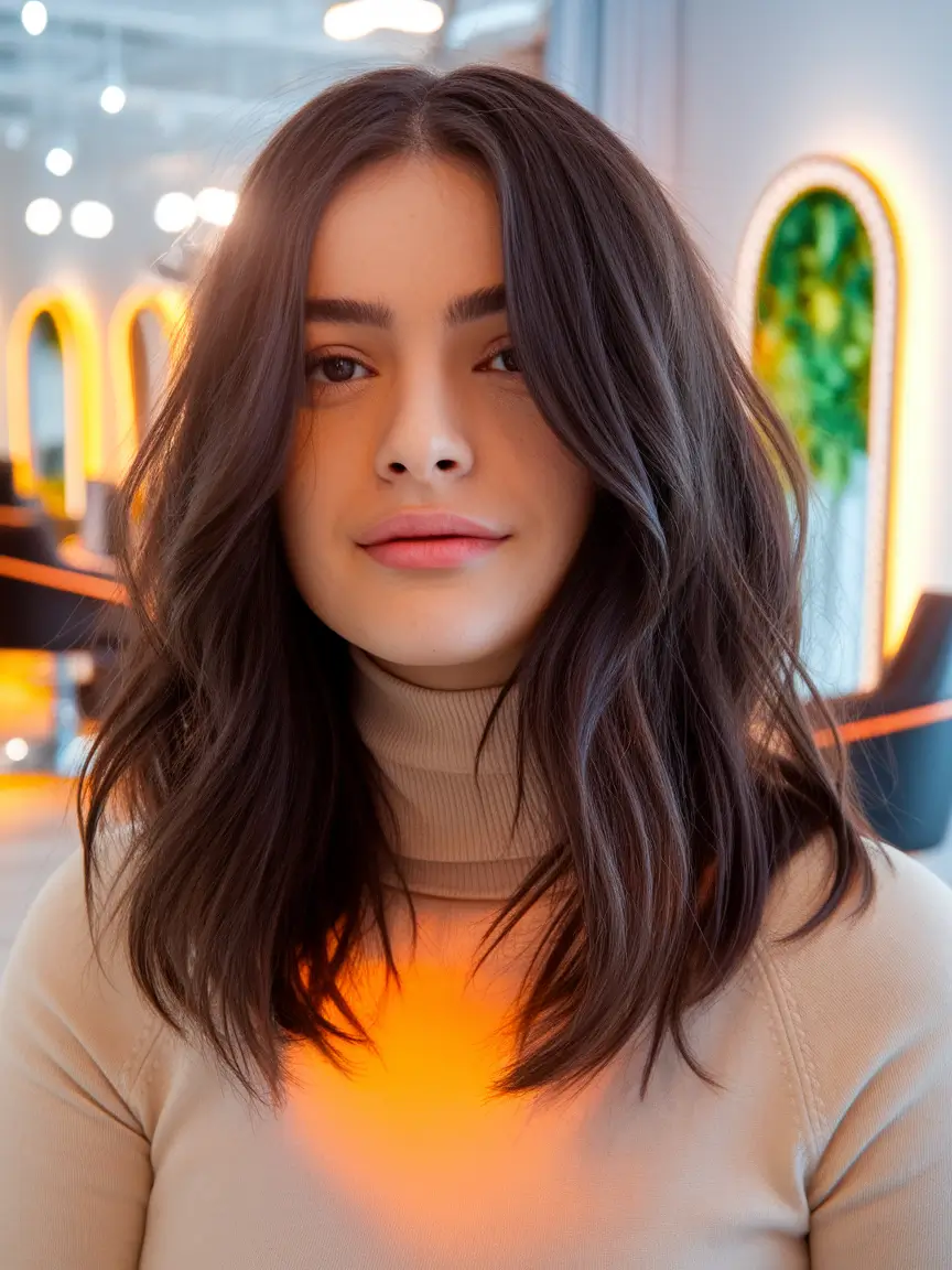 Fall hairstyles for round faces ideas 2025+Mid-Length Waves with Soft Layers
