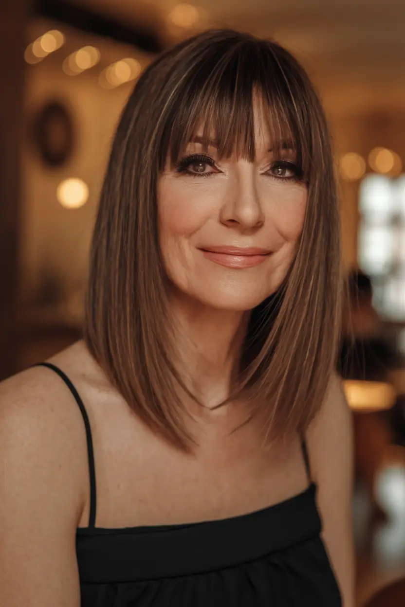 Fall hairstyles for women over 40 ideas 2025 Sleek Lob with Sharp Bangs