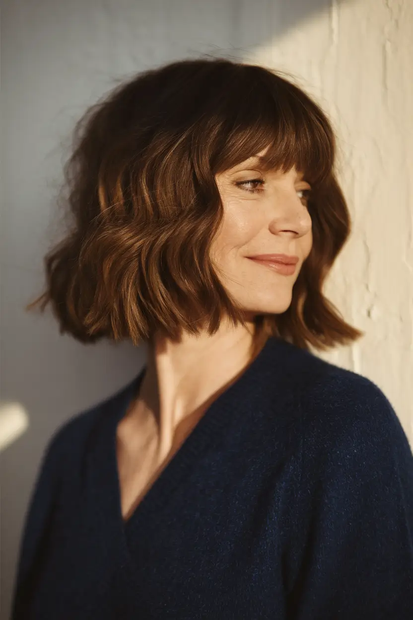 Fall hairstyles for women over 40 ideas 2025 Choppy Wavy Bob with Micro Fringe