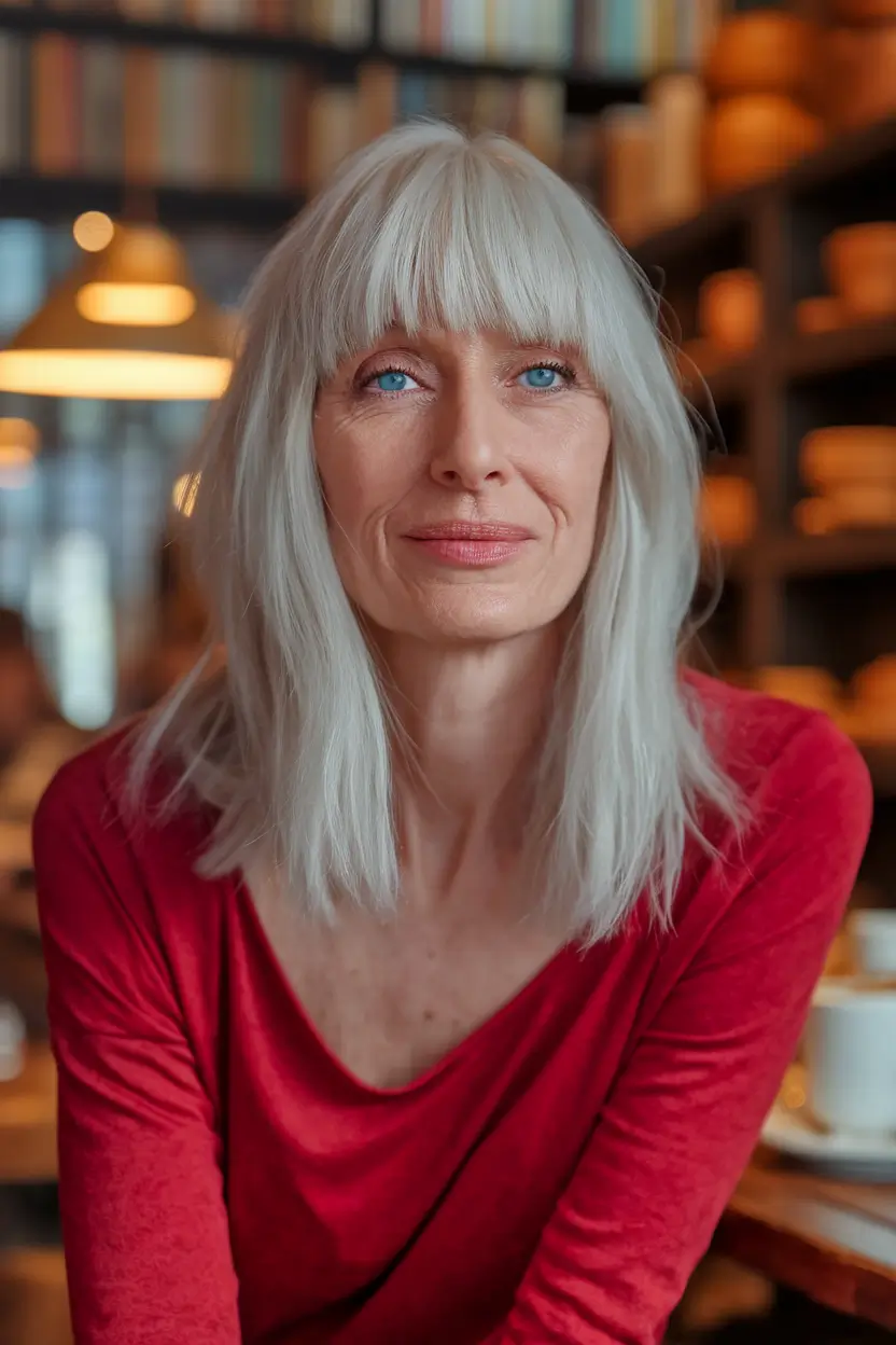 Fall hairstyles for women over 40 ideas 2025 Wispy Gray Layers with Fringe