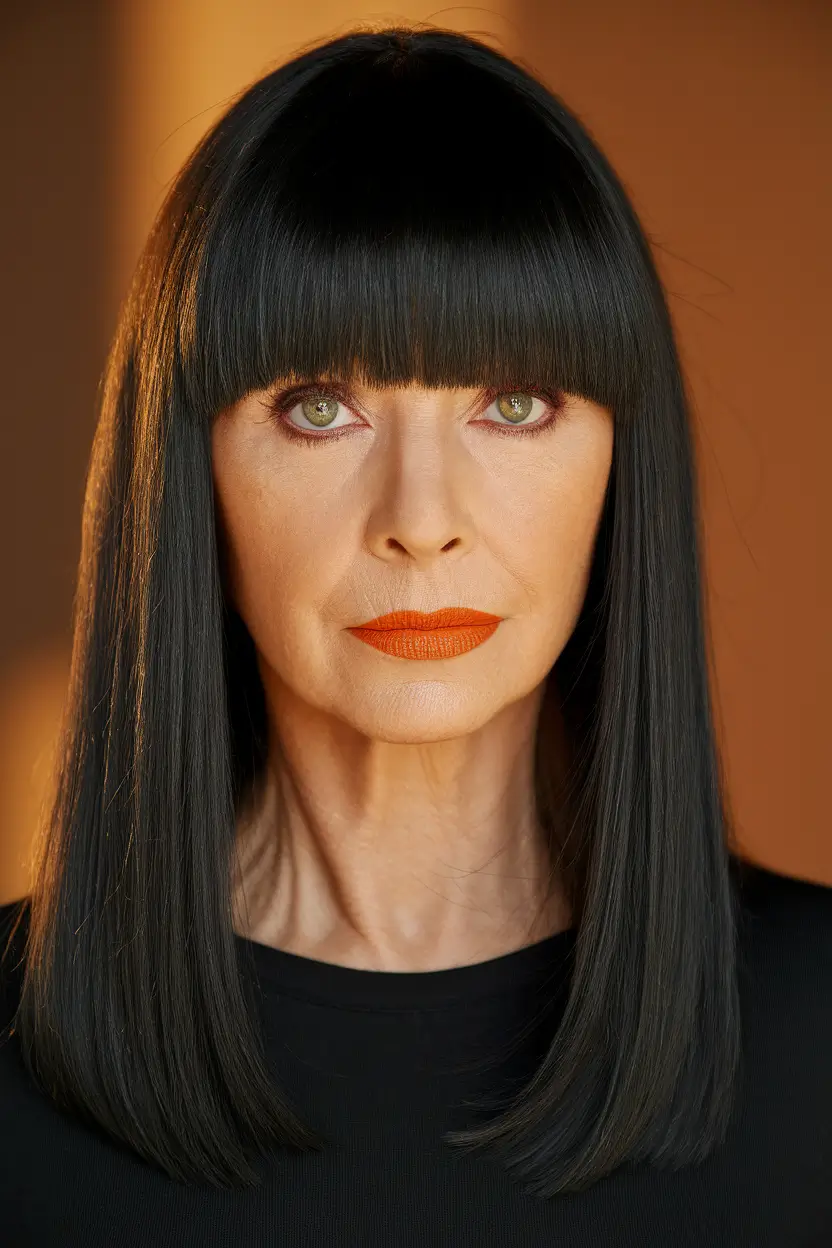 Fall hairstyles for women over 40 ideas 2025 Glossy Jet Black Sleek Cut with Bold Bangs