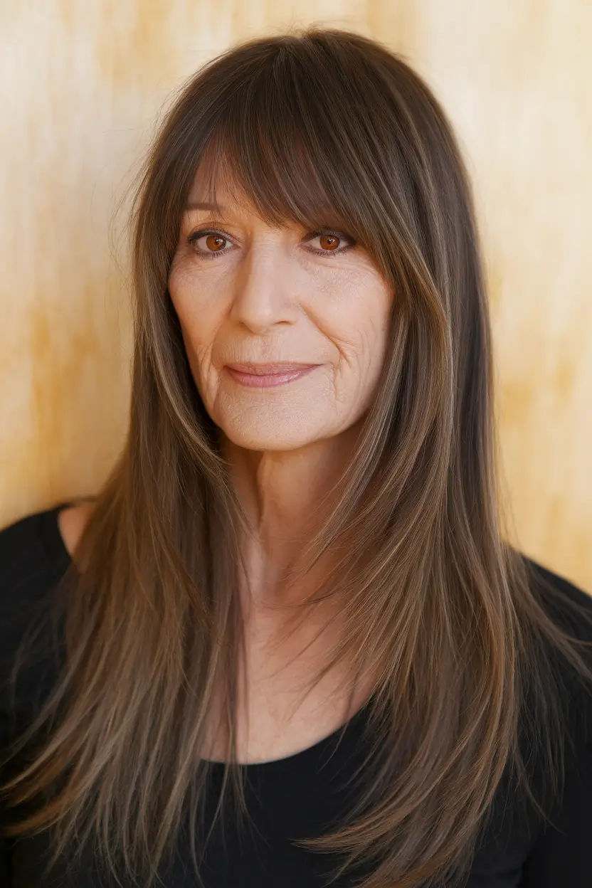 Fall hairstyles for women over 40 ideas 2025 Long Layers with Curtain Bangs