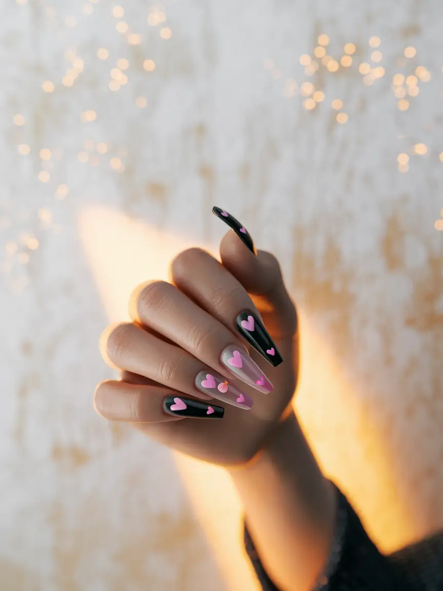 Fall Nail Art 2025 Manicure with 3D Accents Edgy Black with Pink Heart 3D Accents