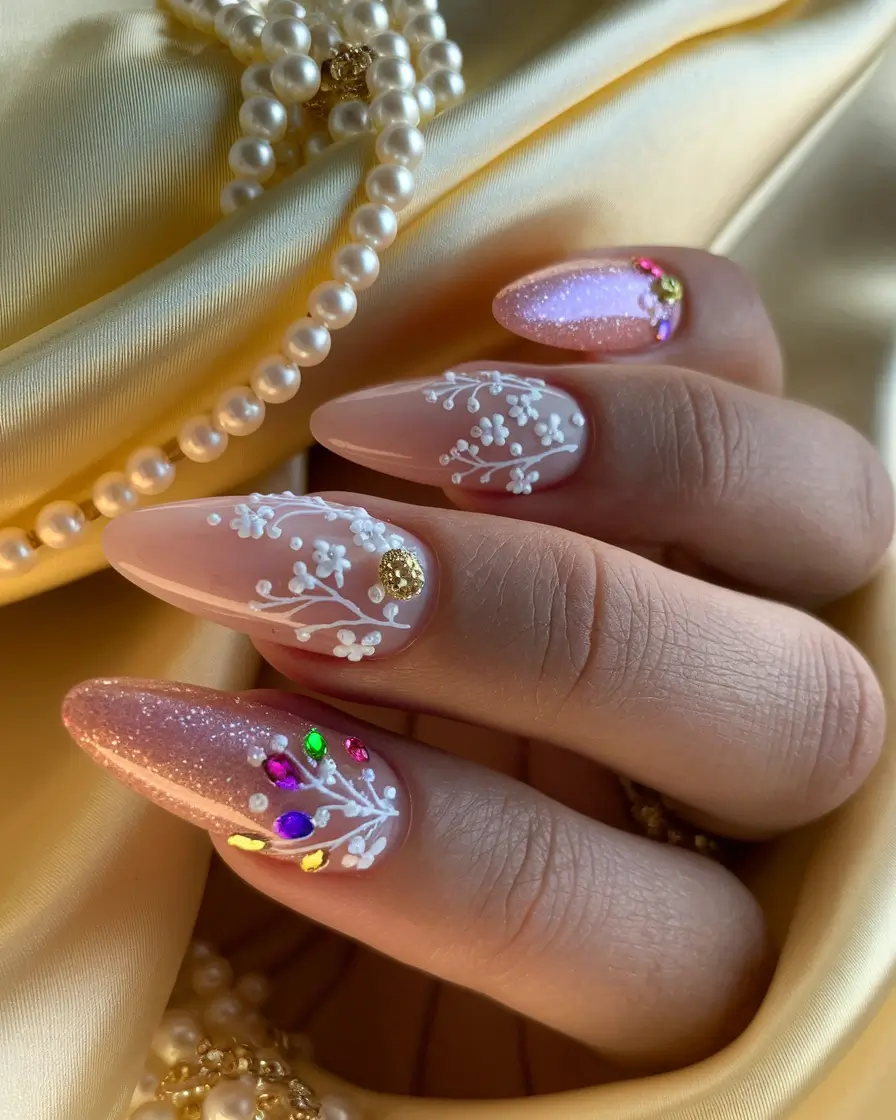 Fall Nail Art 2025 Manicure with 3D Accents Romantic Nude with Jewel and Floral Accents