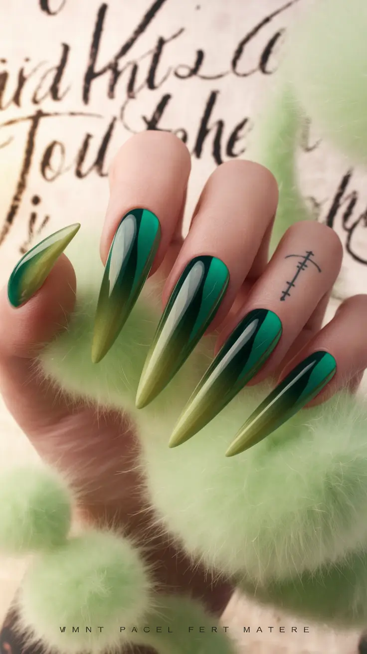Fall Nail Art 2025 Manicure with 3D Accents Emerald Ombre Drama