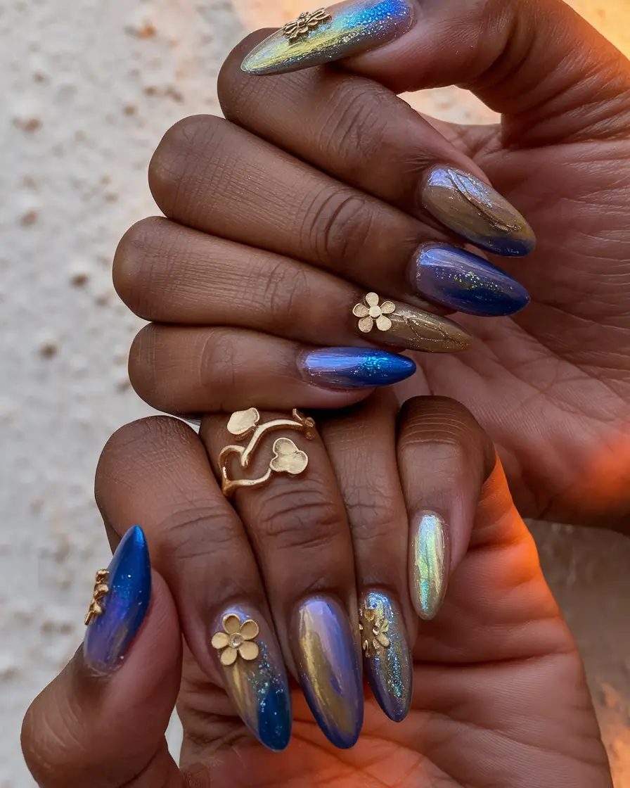 Fall Nail Art 2025 Manicure with 3D Accents Blue and Gold Metallic Florals