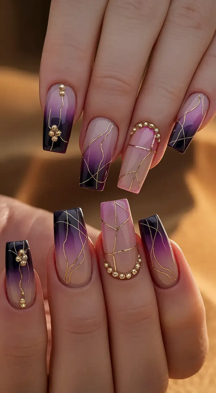 Fall Nail Art 2025 Manicure with 3D Accents Amethyst Ombre with Golden Veins