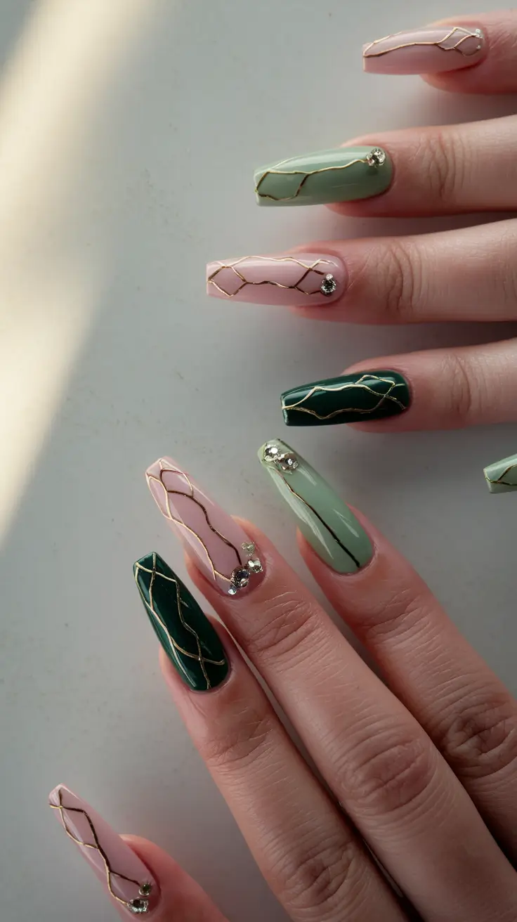Fall Nail Art 2025 Manicure with 3D Accents Jade Green Elegance with Gold Detailing